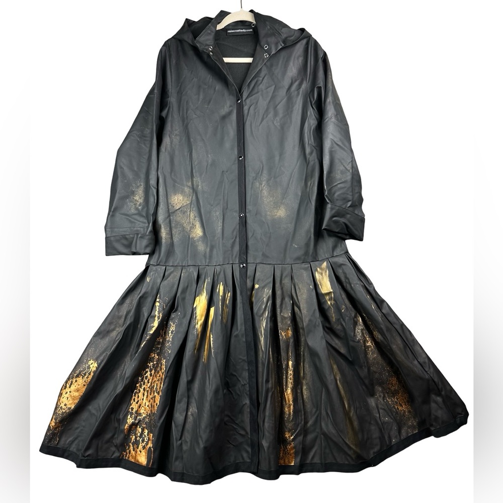 Raincoat Lady Black Gold Splatter Hooded Long Sleeve Flared Hem Raincoat Dress L